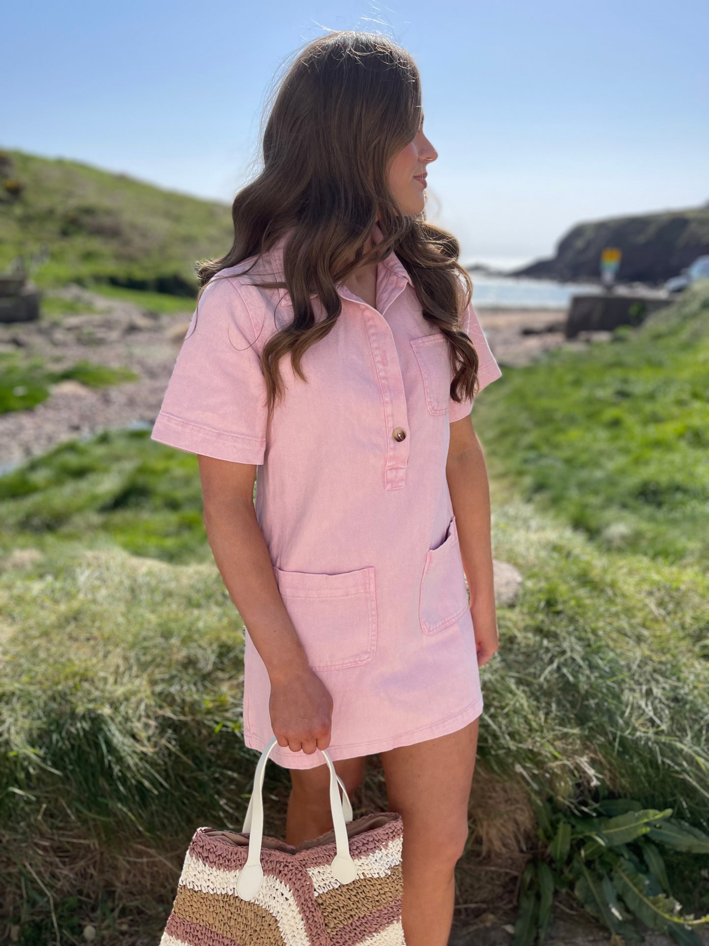 India light wash pink denim shift dress