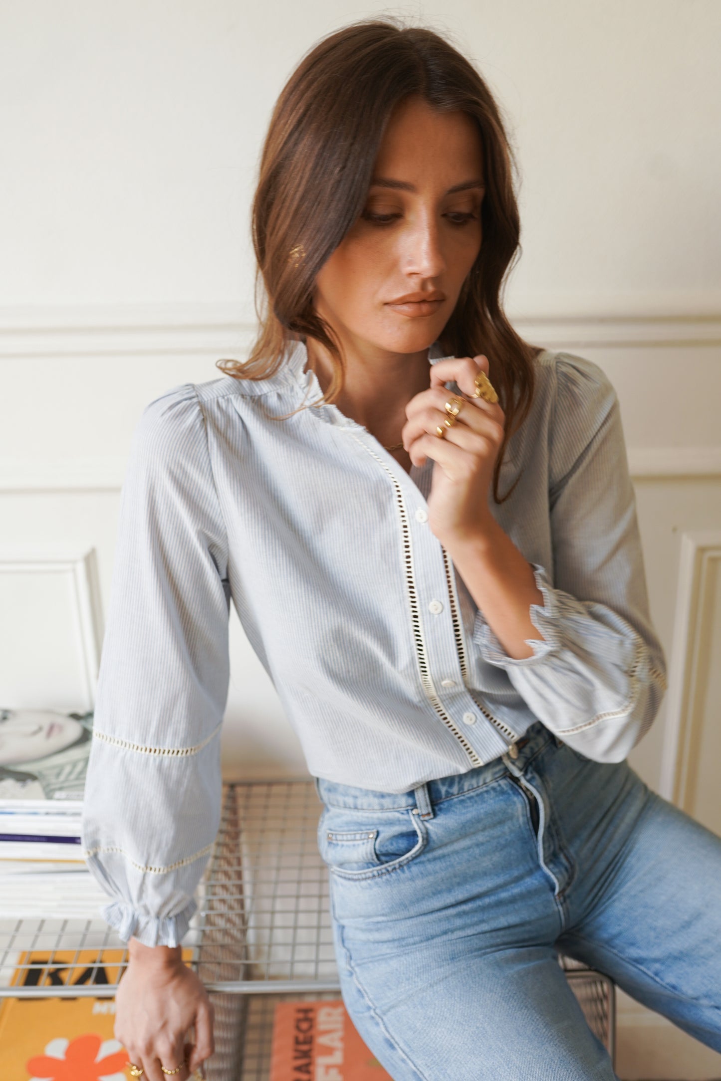 Erica blue striped ruffle trim collar blouse