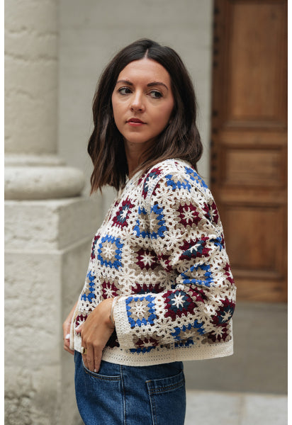Camille burgundy and blue crochet cardigan
