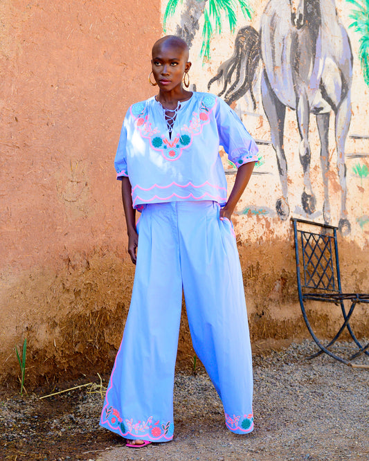 Quinn blue wide leg embroidered co-ord