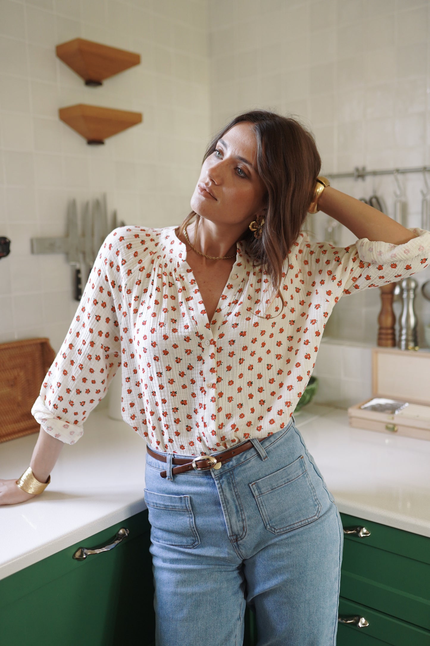 Ellie red floral cotton blouse