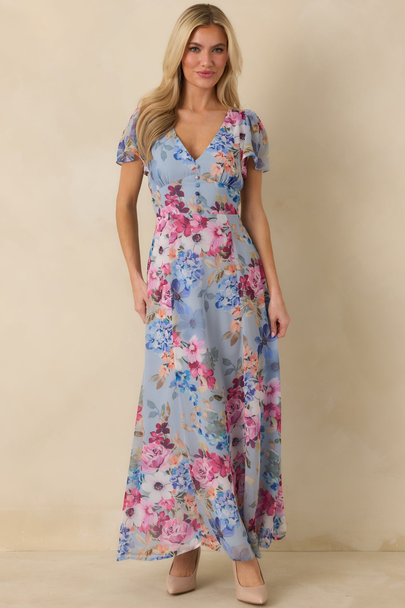 Delicate blues v neck occasion dress