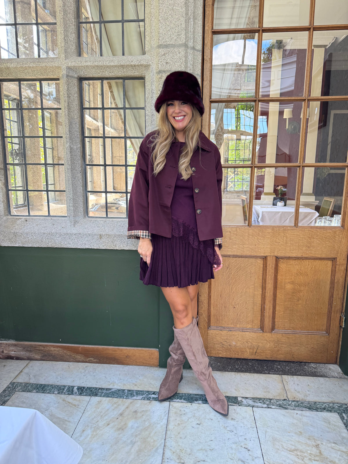 Block heel taupe straight high boots