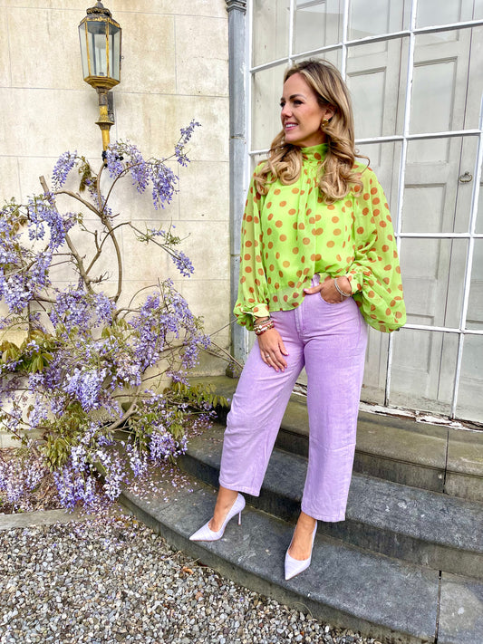 Green polka dot balloon sleeve top