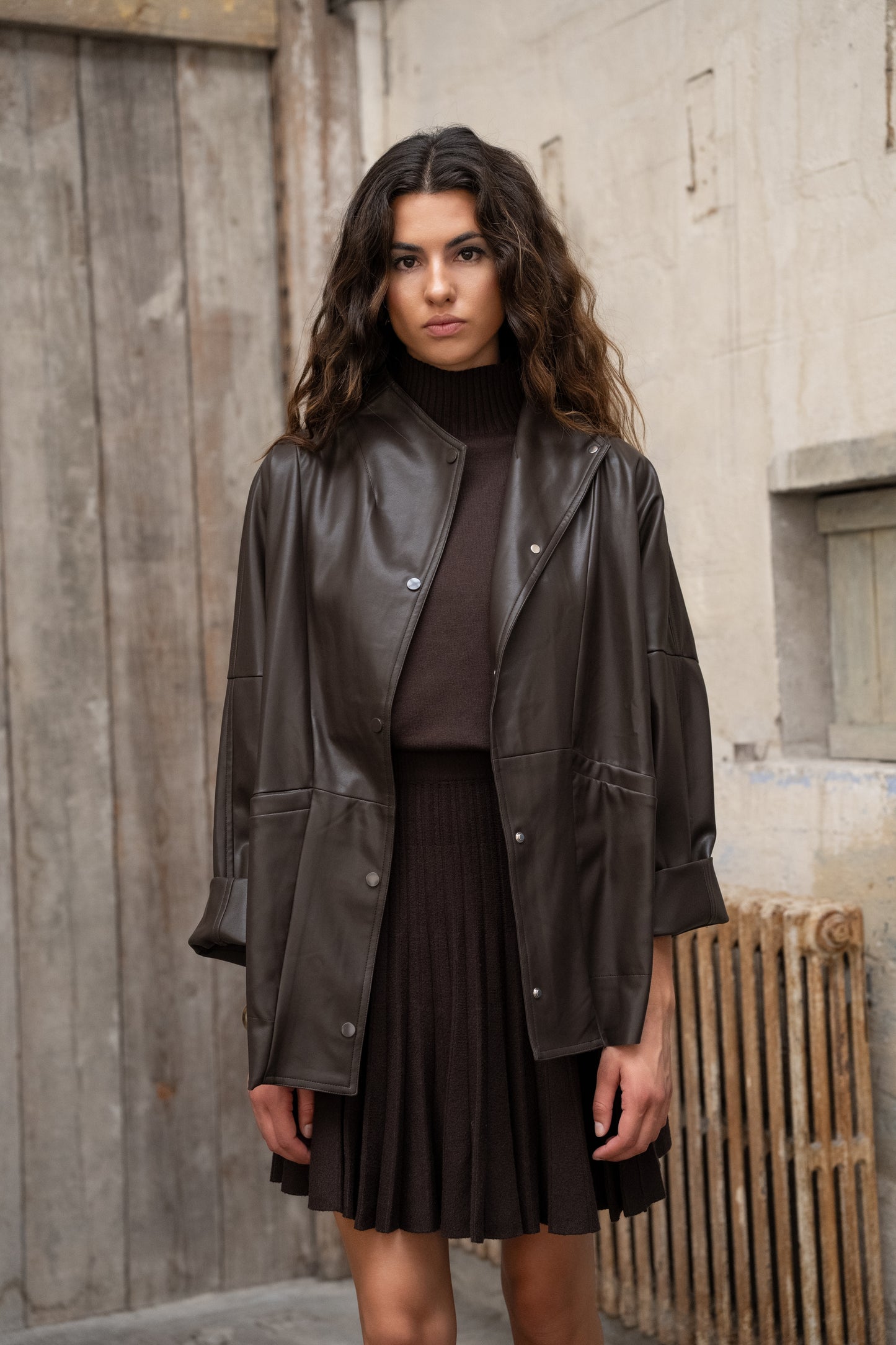 Beth burgundy funnel neck leather jacket