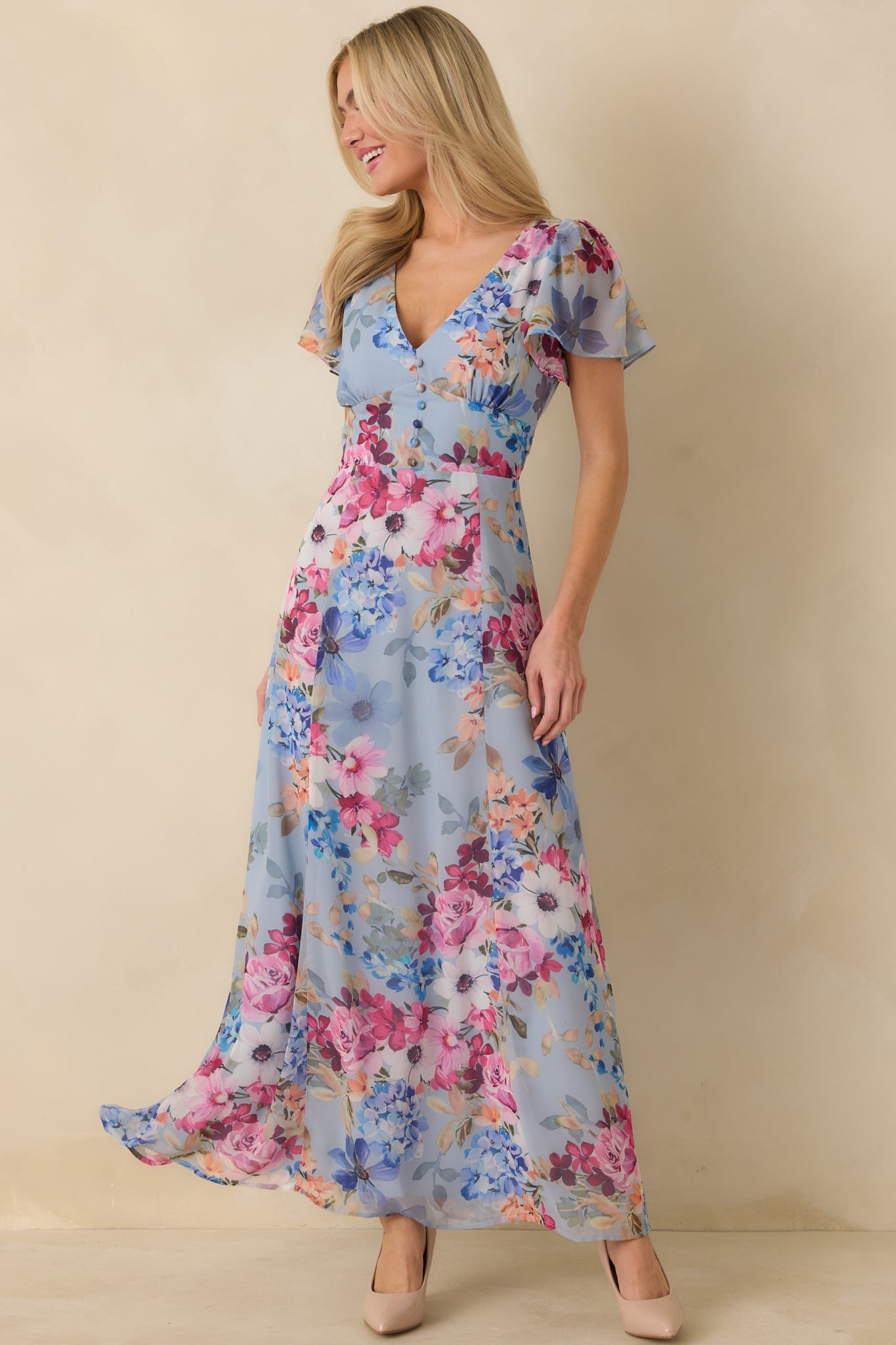 Delicate blues v neck occasion dress