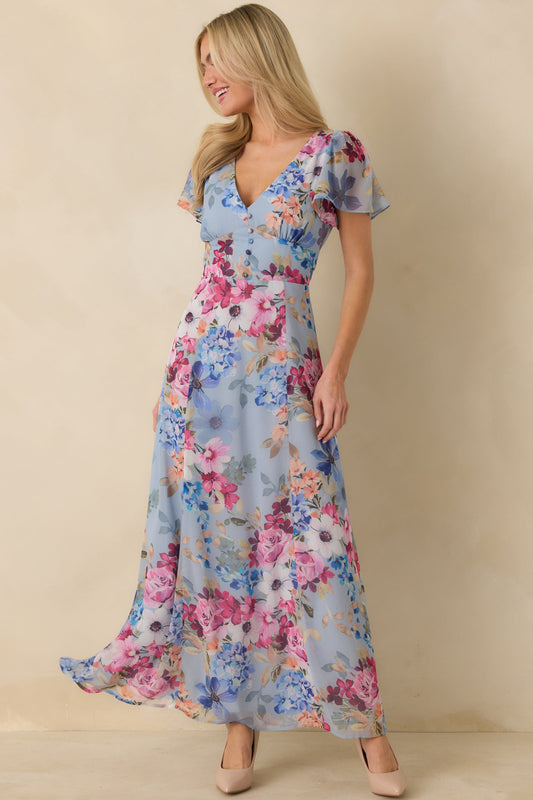 Delicate blues v neck occasion dress