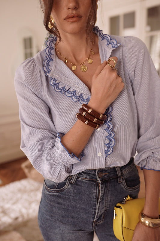 Ella blue stripe ruffle blouse