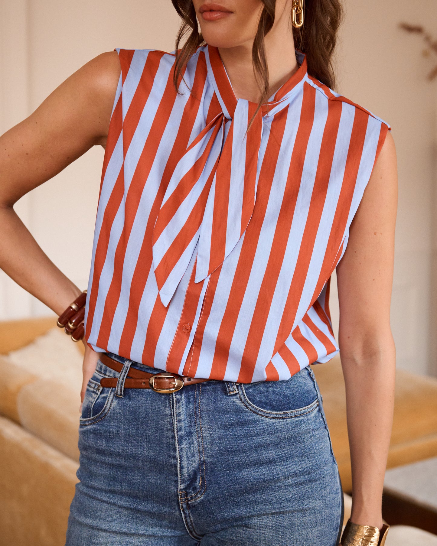 Nora blue & burgundy stripe bow top