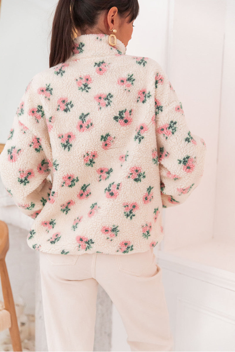 Fern pink floral Sherpa half zip fleece
