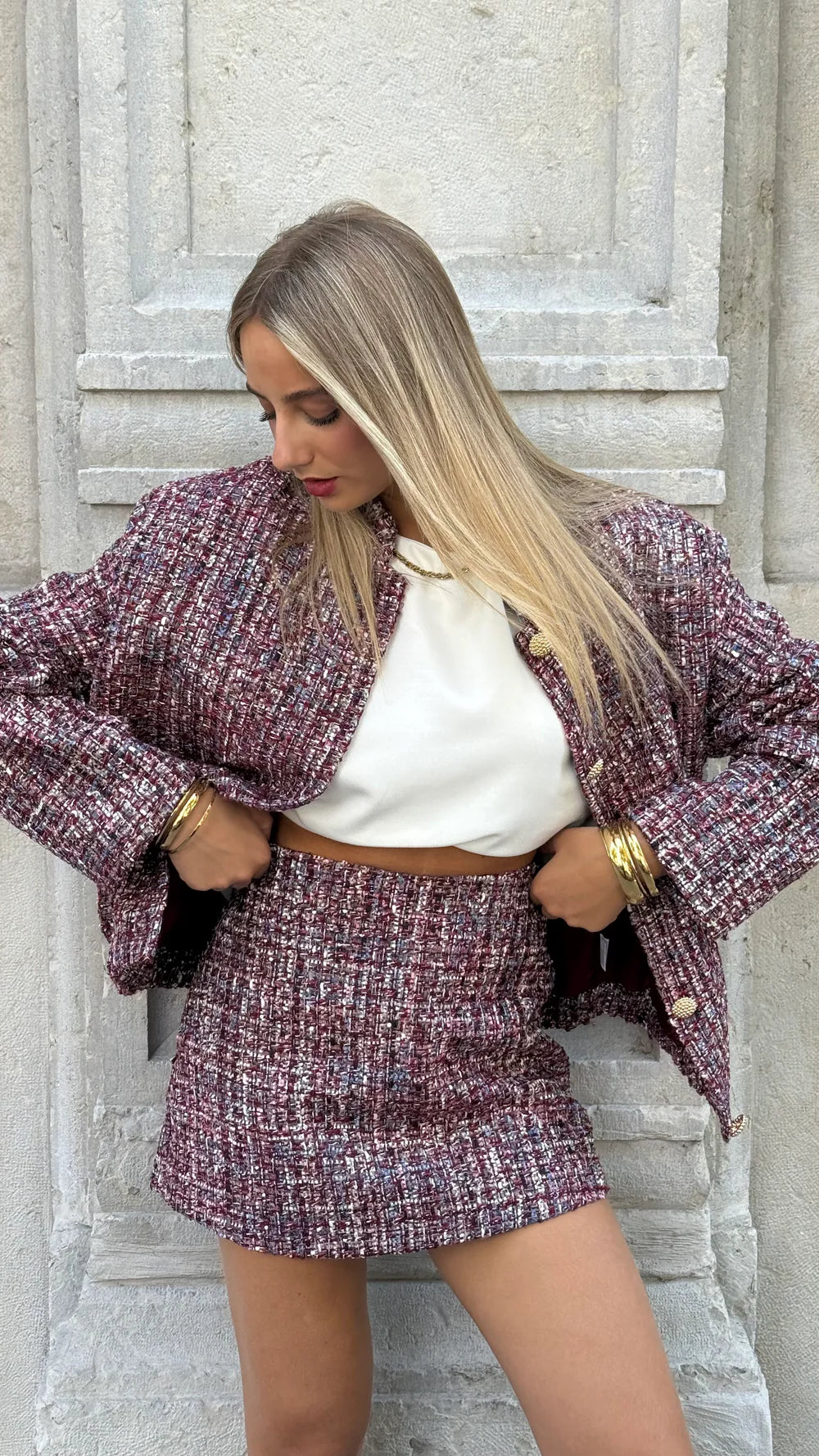Clara burgundy tweed bomber jacket