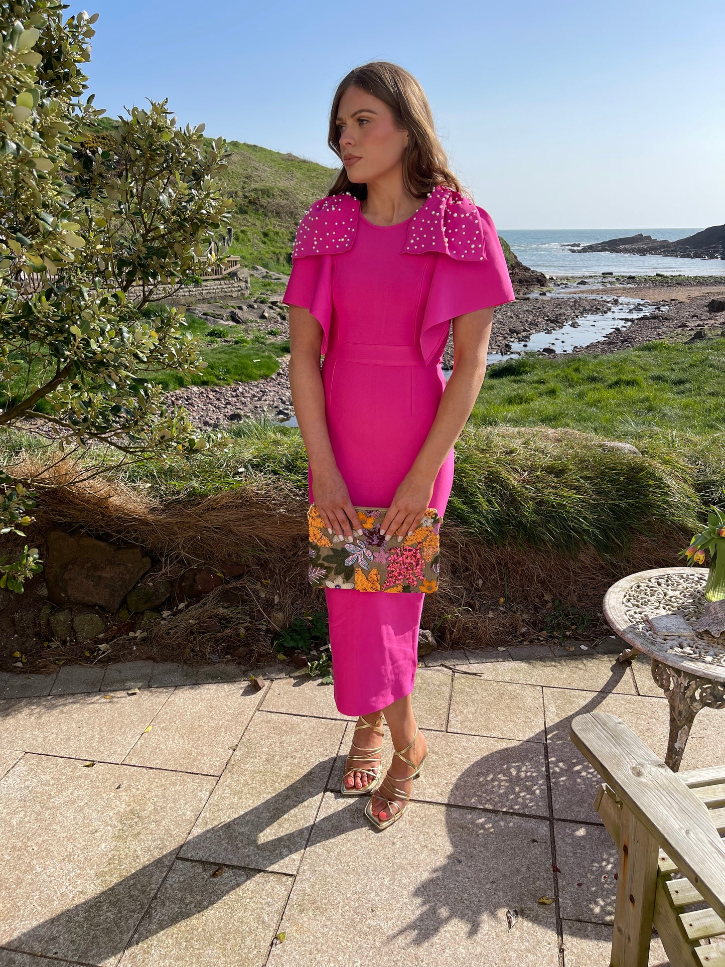 Allina fuschia pink dress with pearl sleeves