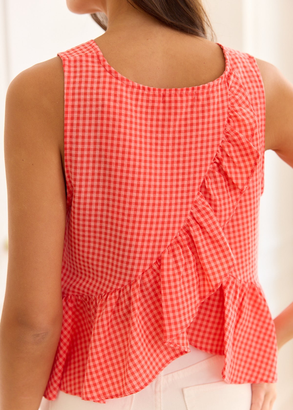 Cassandra coral gingham ruffle top