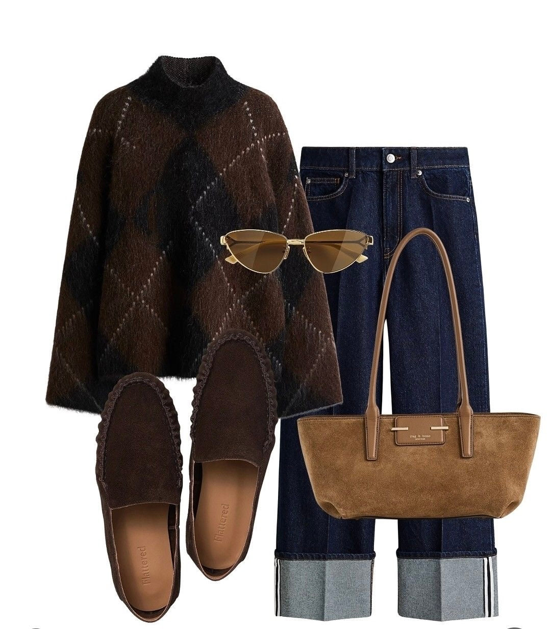 Argyle grey & brown polo jumper