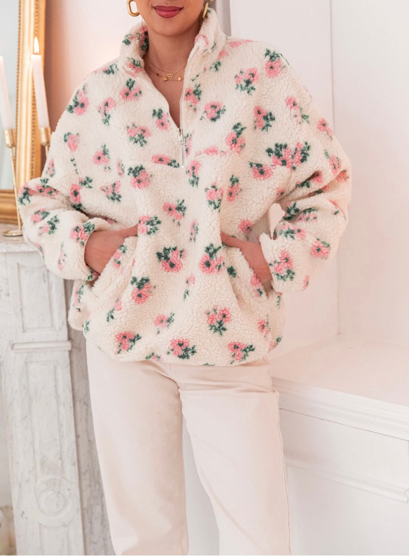 Fern pink floral Sherpa half zip fleece