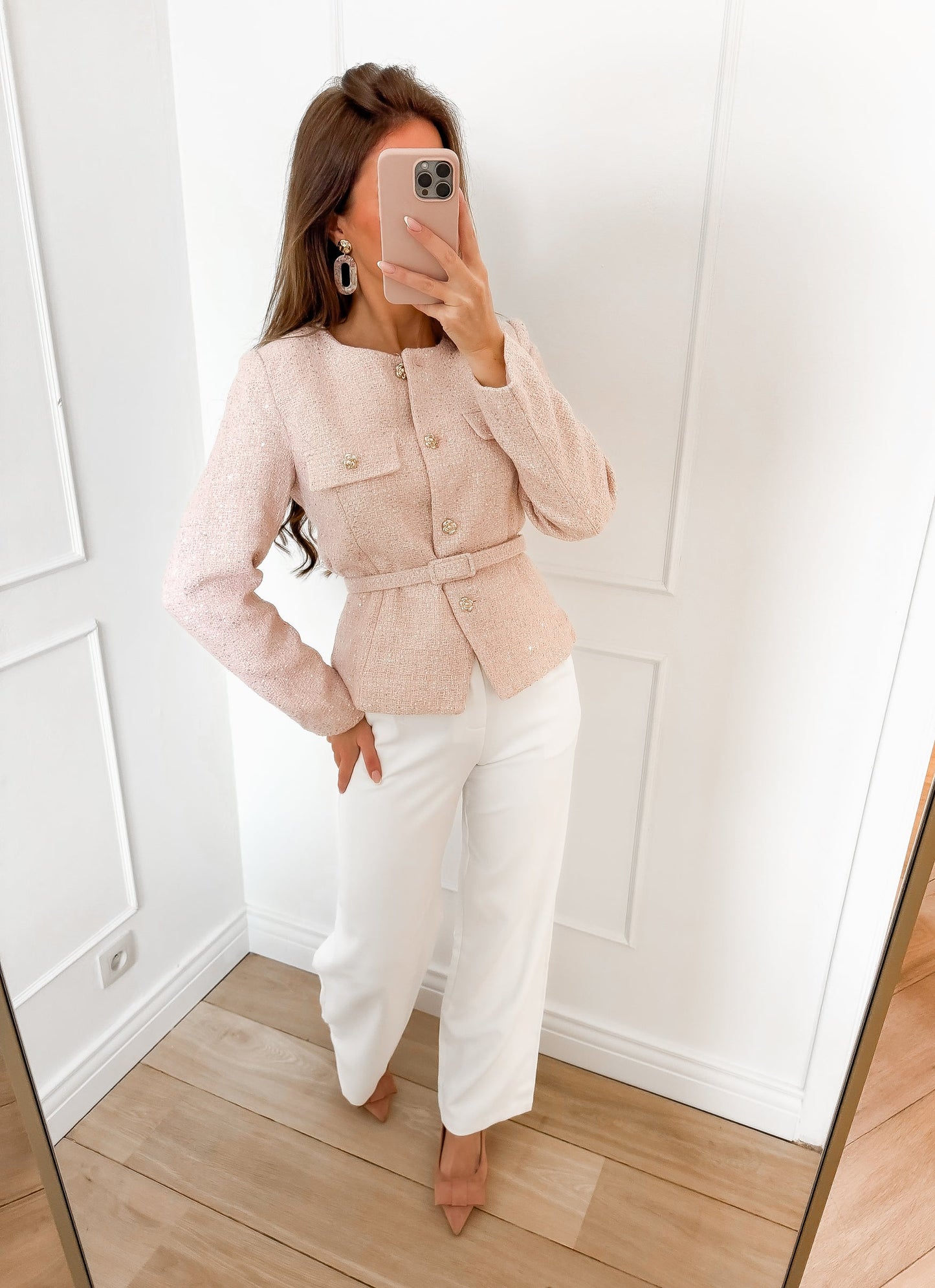 Claudia soft pink long sleeved tweed jacket