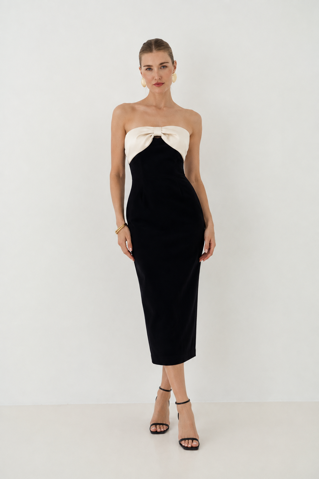 Carrie black strapless dress with cream bow