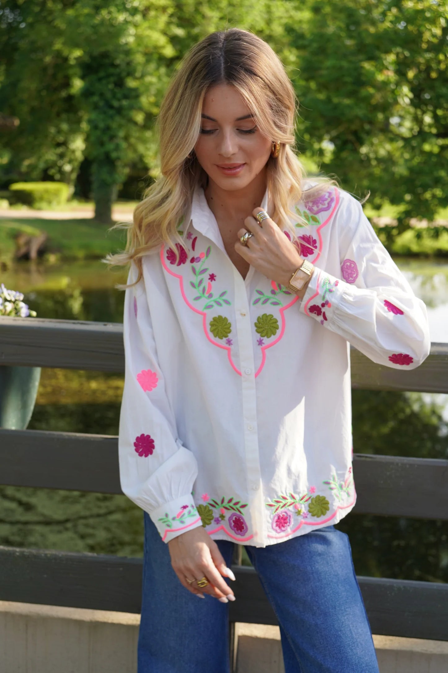 Kylie neon embroidered white shirt