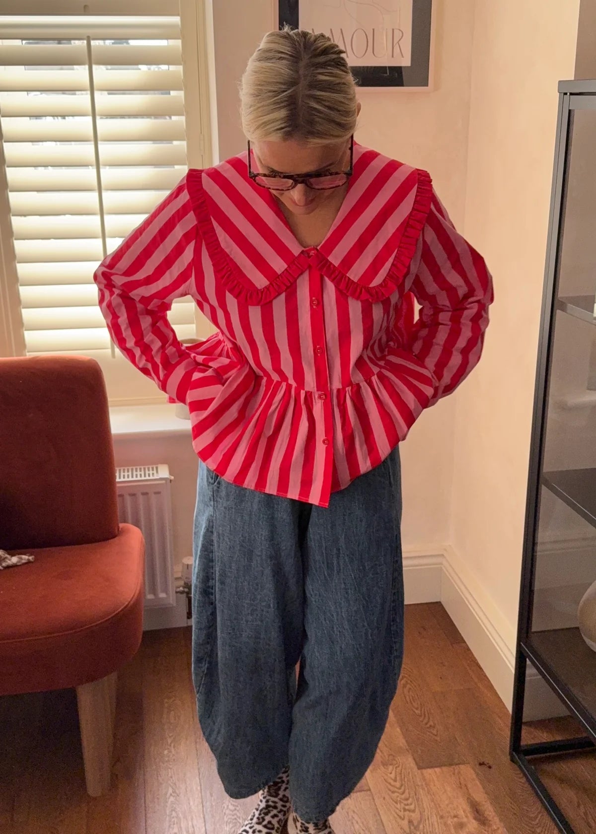Beth pink & red stripe peplum shirt