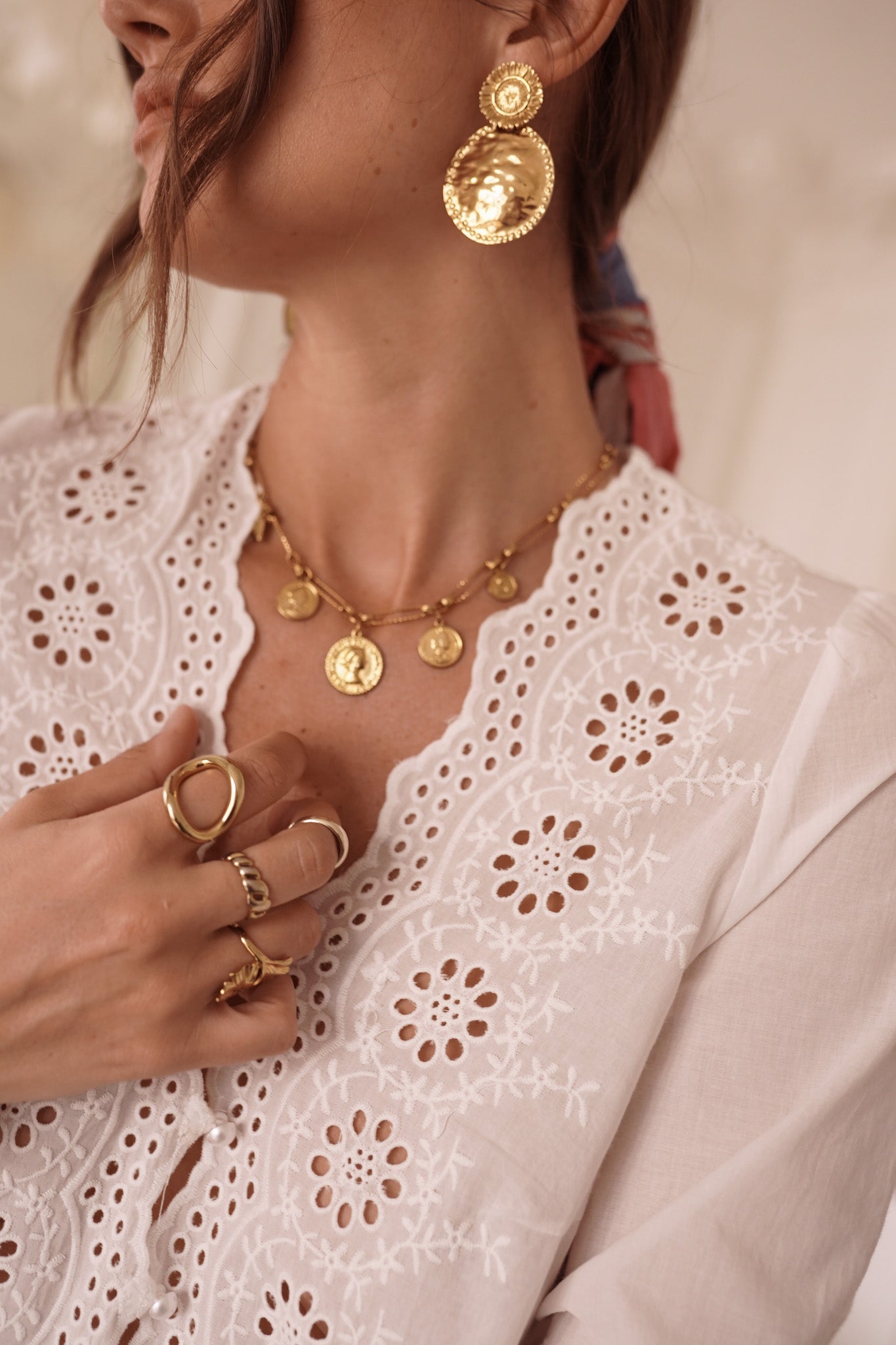 Celeste white lace blouse pearl buttons