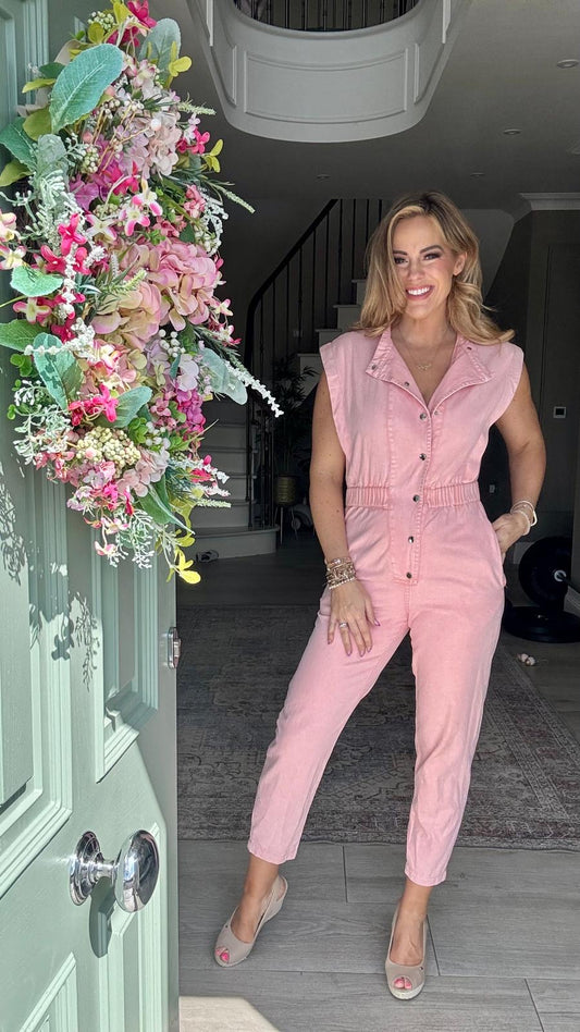 Preorder Evie short sleeve washed pink jumpsuit