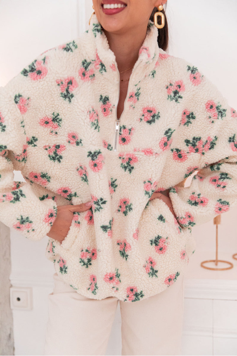 Fern pink floral Sherpa half zip fleece