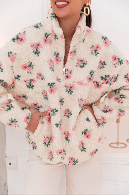 Fern pink floral Sherpa half zip fleece