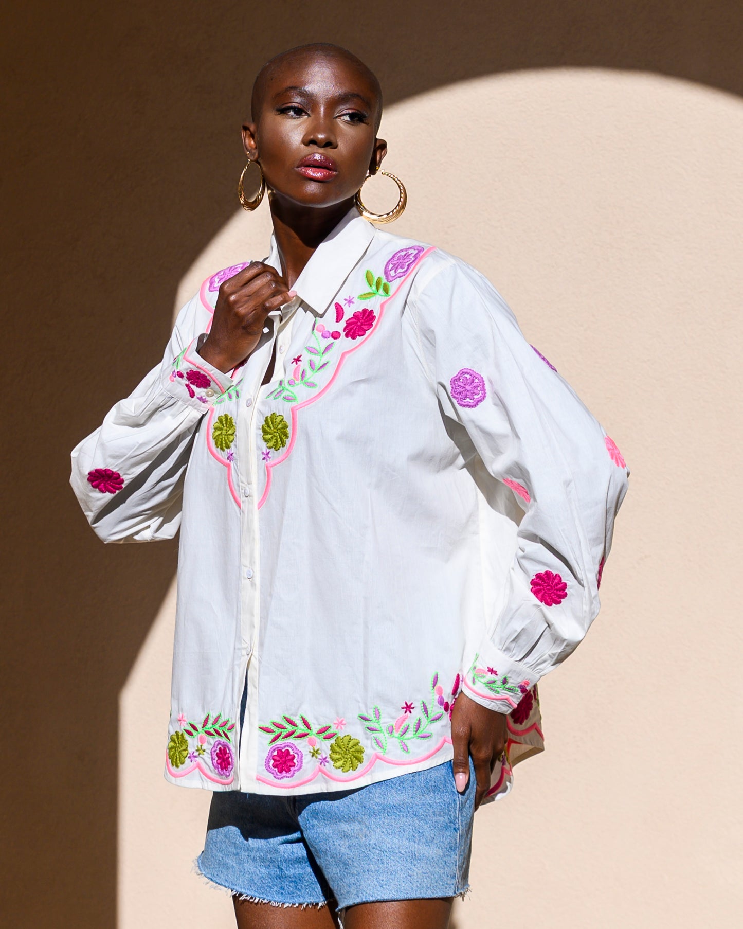 Kylie neon embroidered white shirt