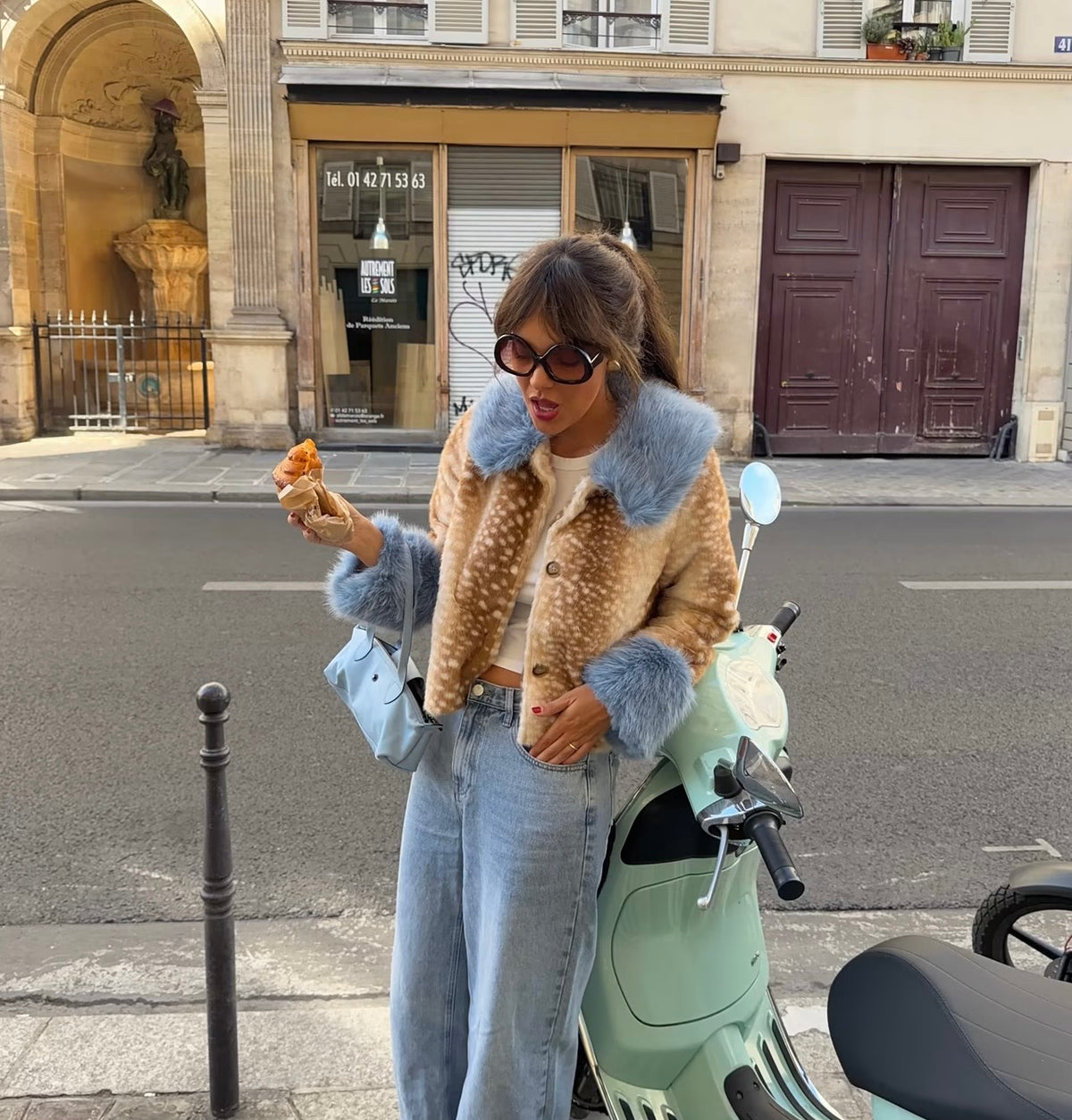 Faith deer print blue fur collar jacket