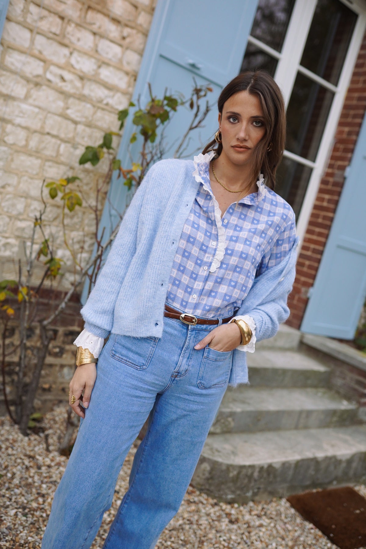 Naomi blue check heart print blouse