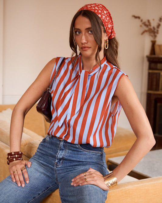 Nora blue & burgundy stripe bow top