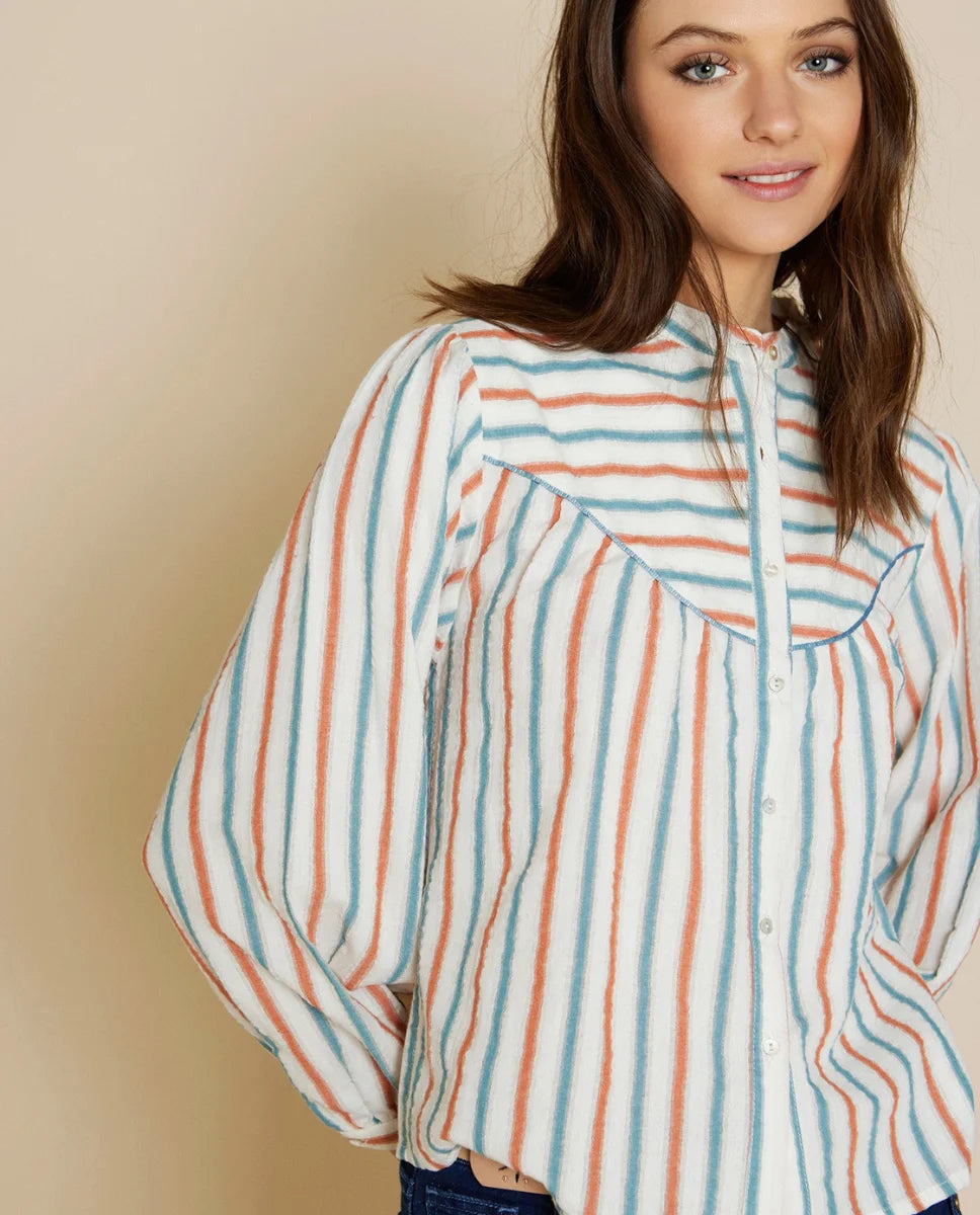 Striped yoke print cotton blouse