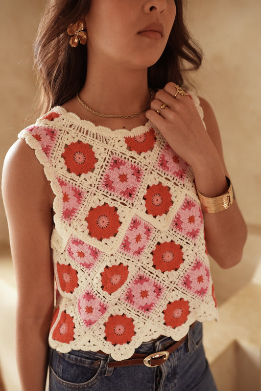 Cleo pink and red crochet cropped top