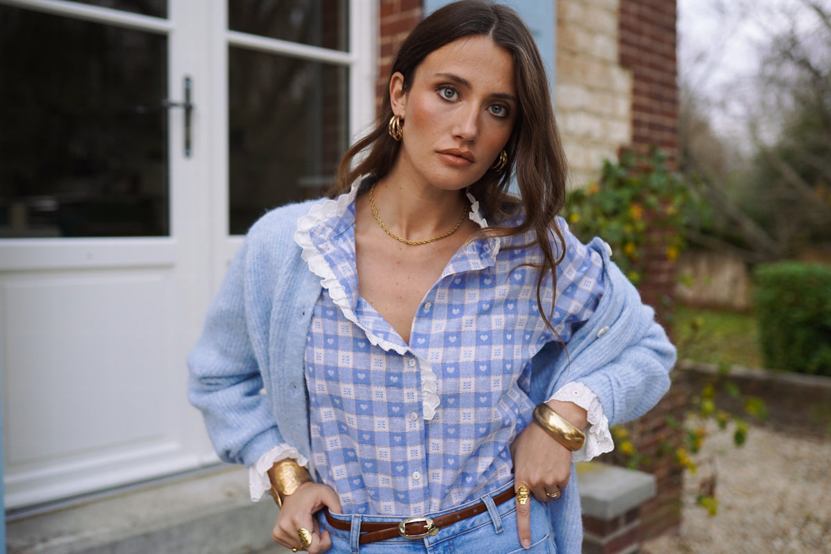 Naomi blue check heart print blouse