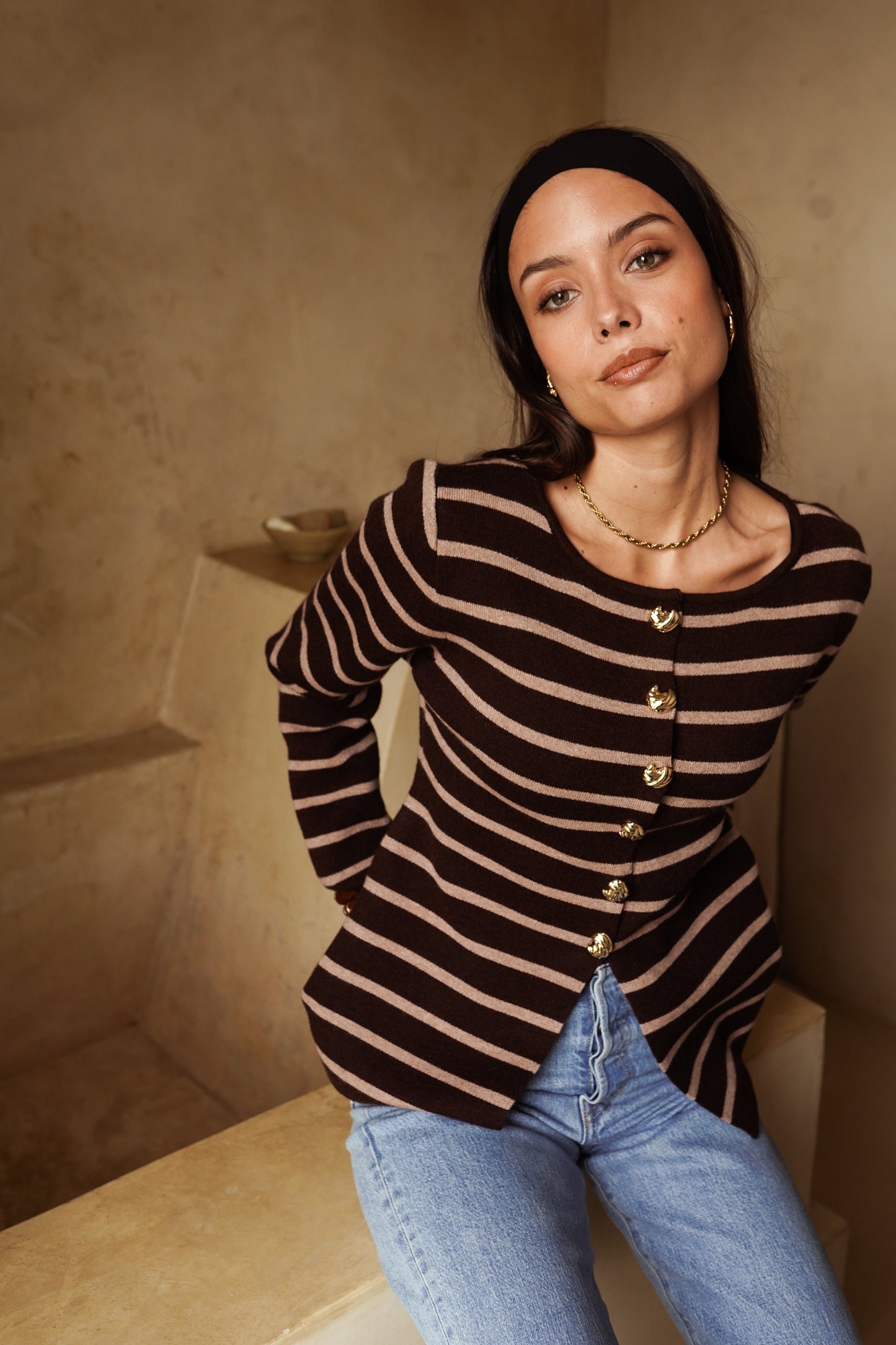 Kylie brown striped gold button cardigan
