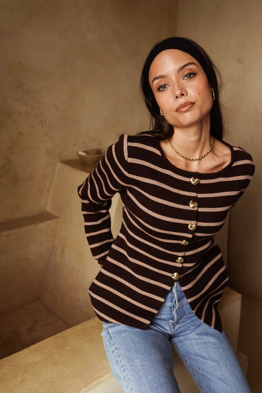 Kylie brown striped gold button cardigan