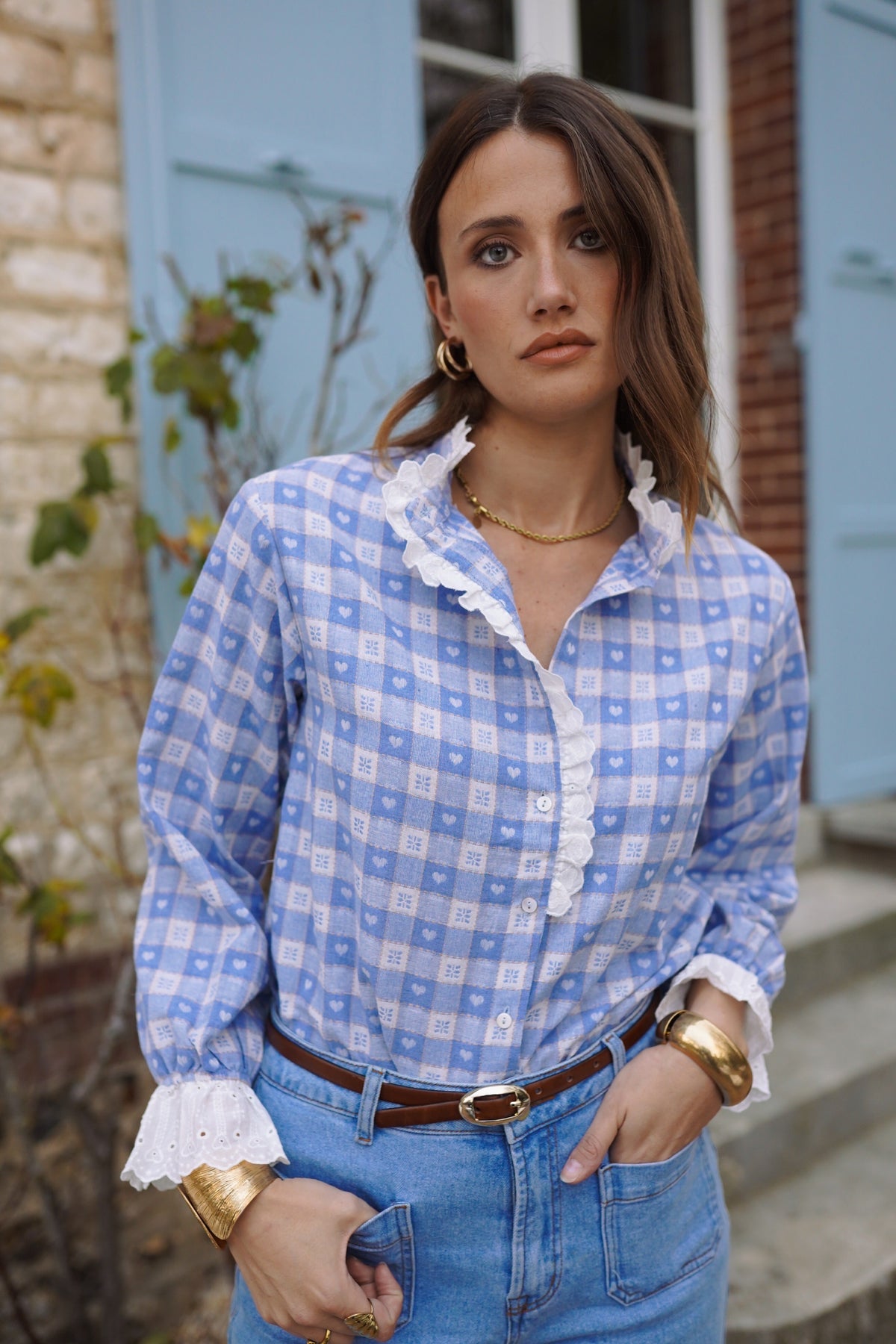 Naomi blue check heart print blouse
