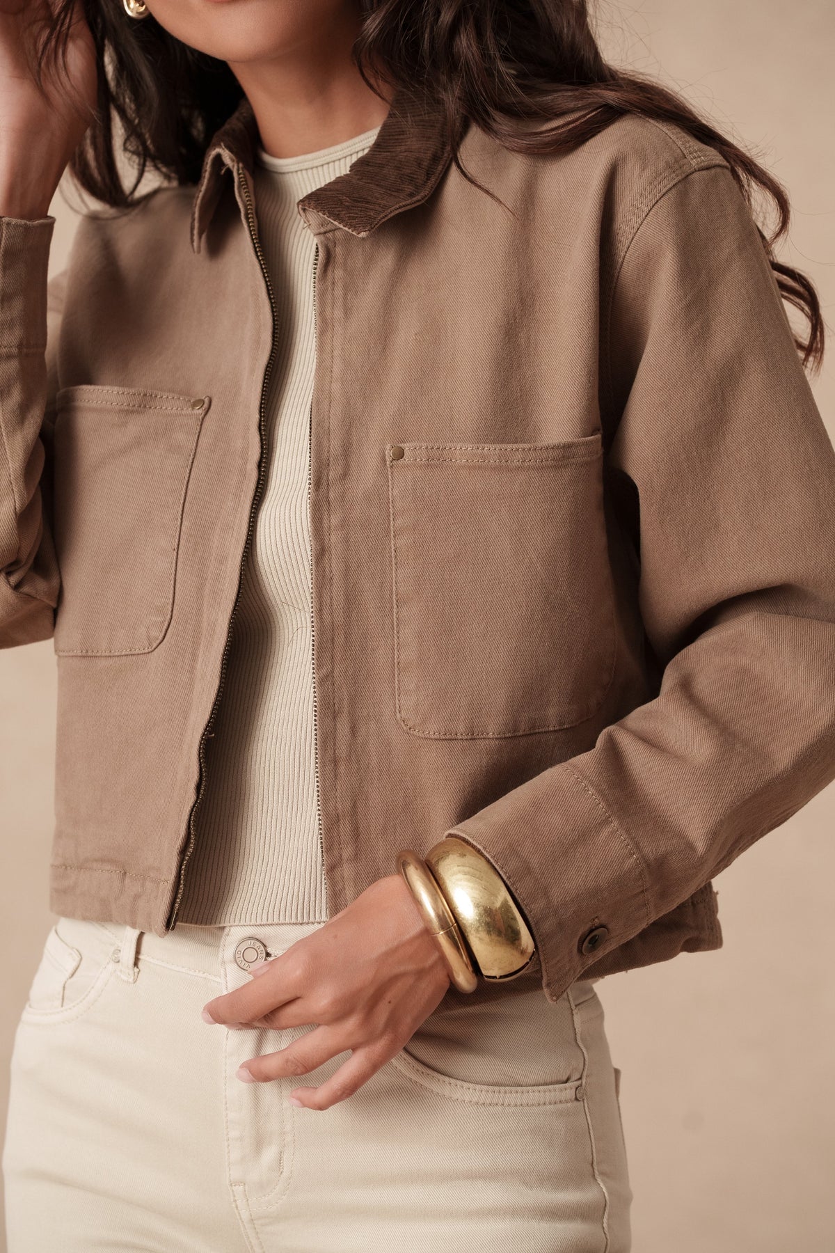 Maria cropped camel utility barn jacket