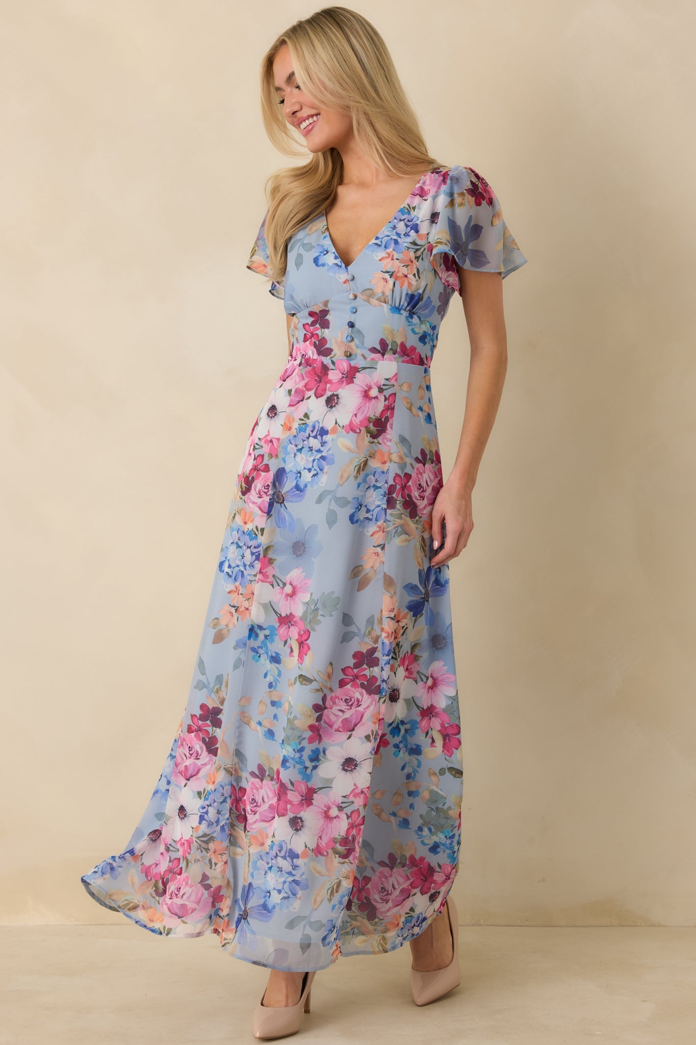 Delicate blues v neck occasion dress