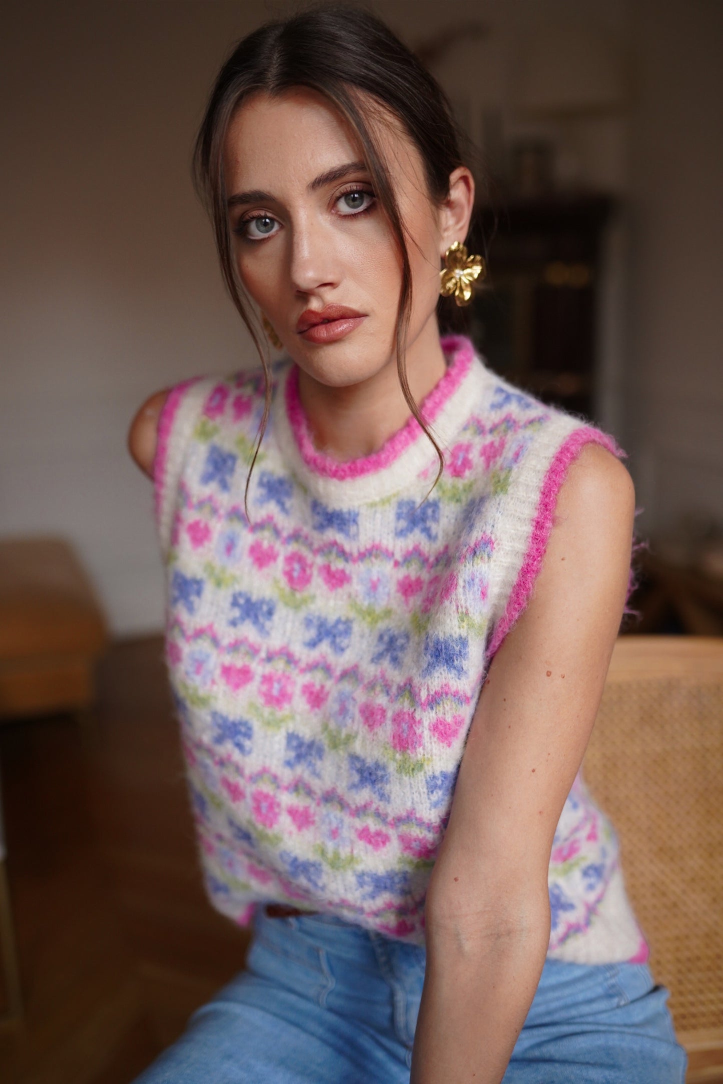 Taylor floral pink knit sleeveless gilet