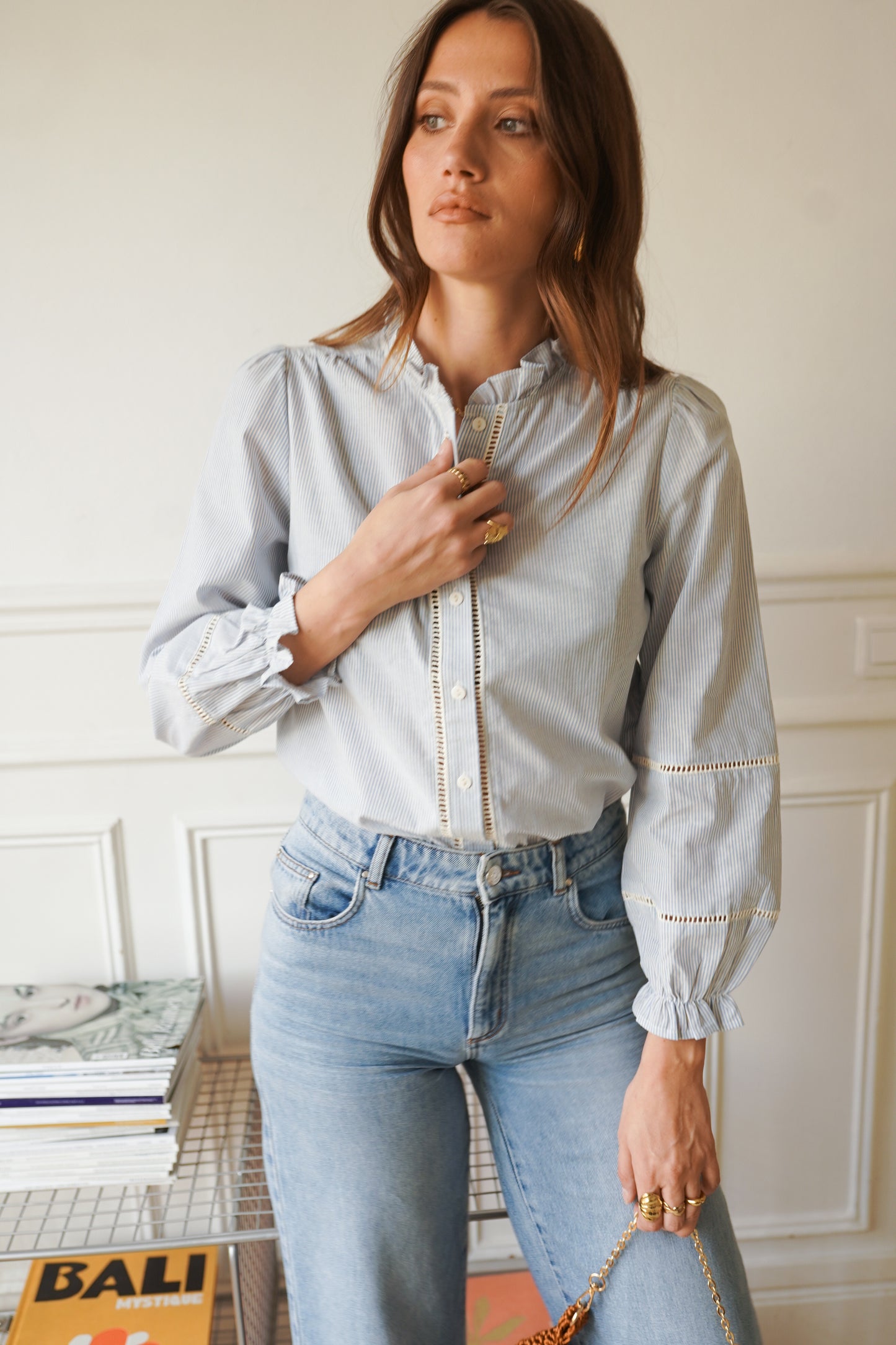 Erica blue striped ruffle trim collar blouse