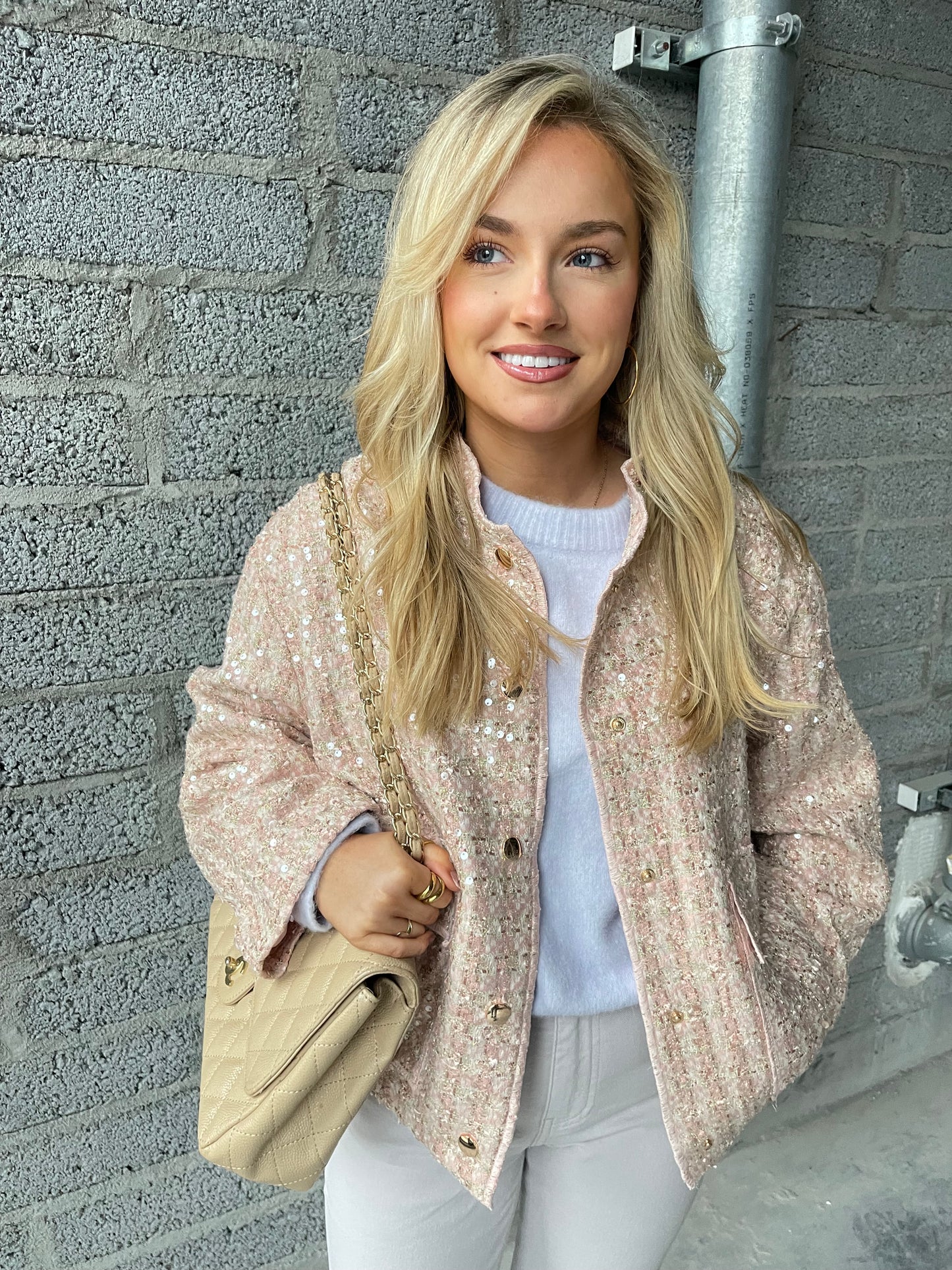 Olivia pink tweed sequin bomber