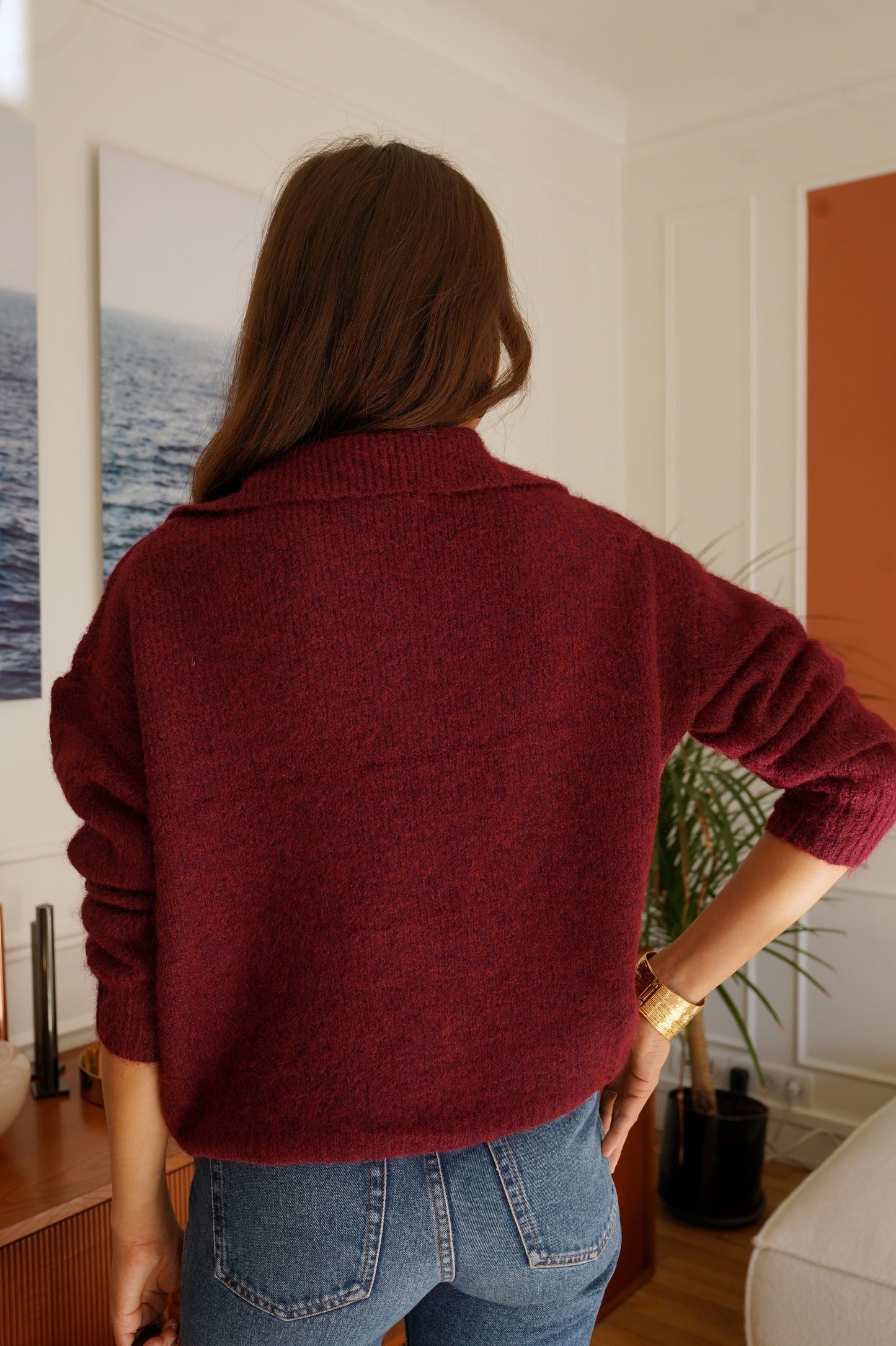 Amelia burgundy gold button polo neck jumper