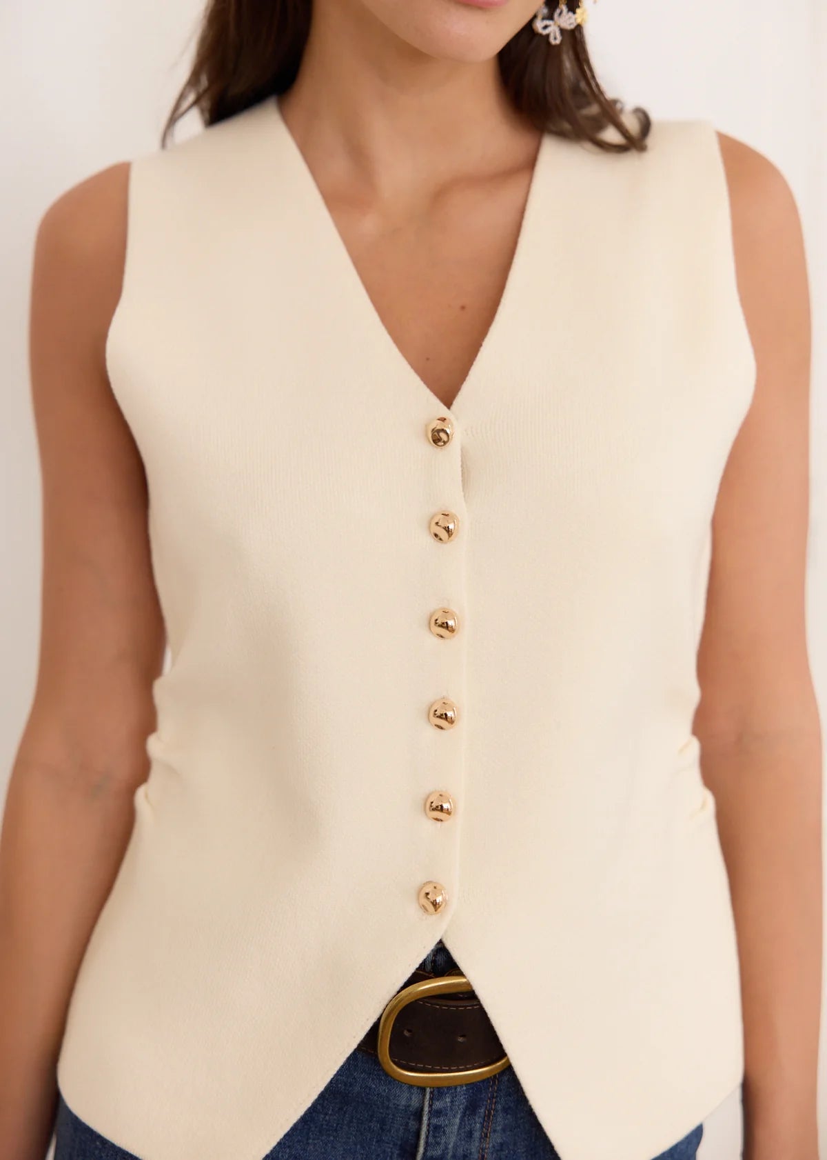 Lottie cream knitted waistcoat gold buttons