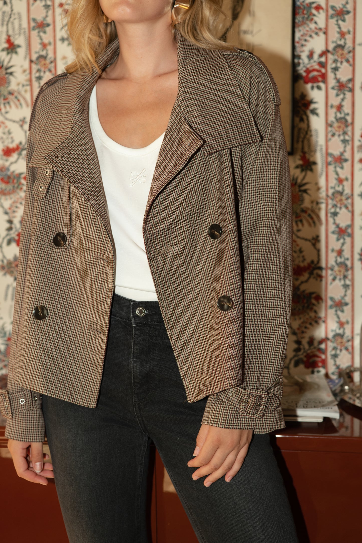 Farrah check short trench jacket