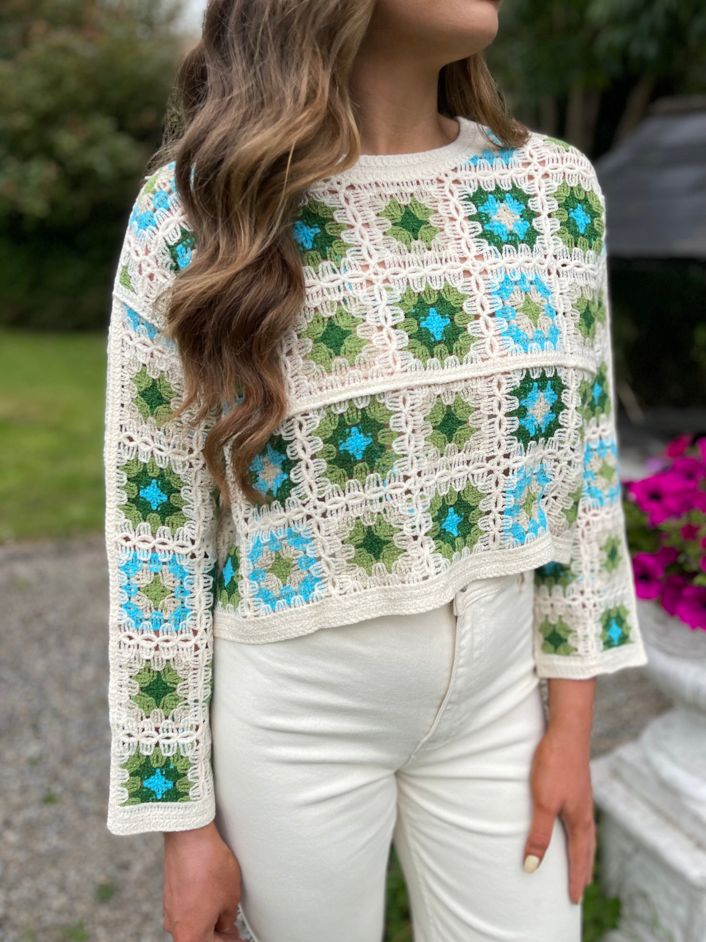 Flora green cropped crochet jumper