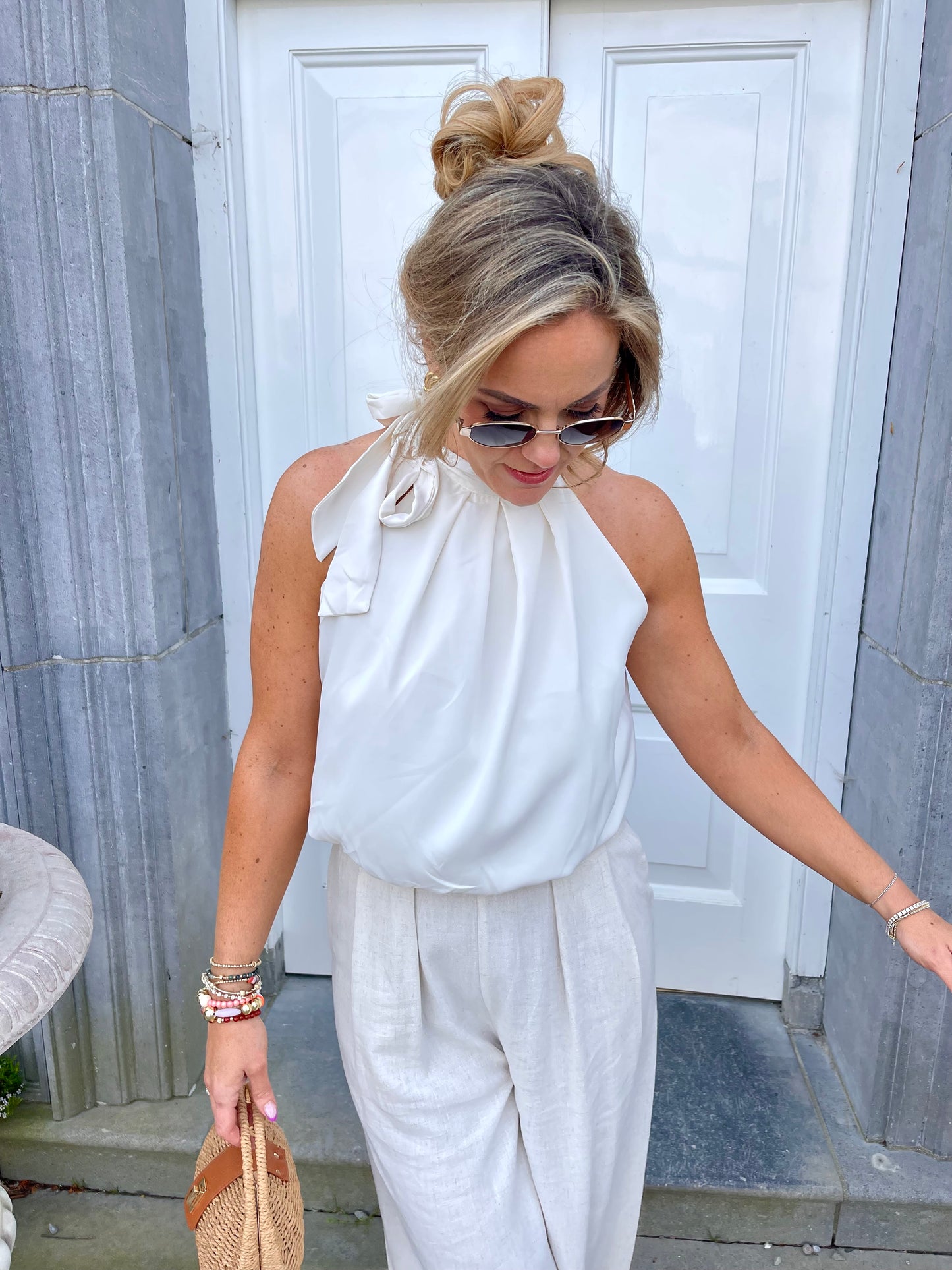 Justine bow neck cream top