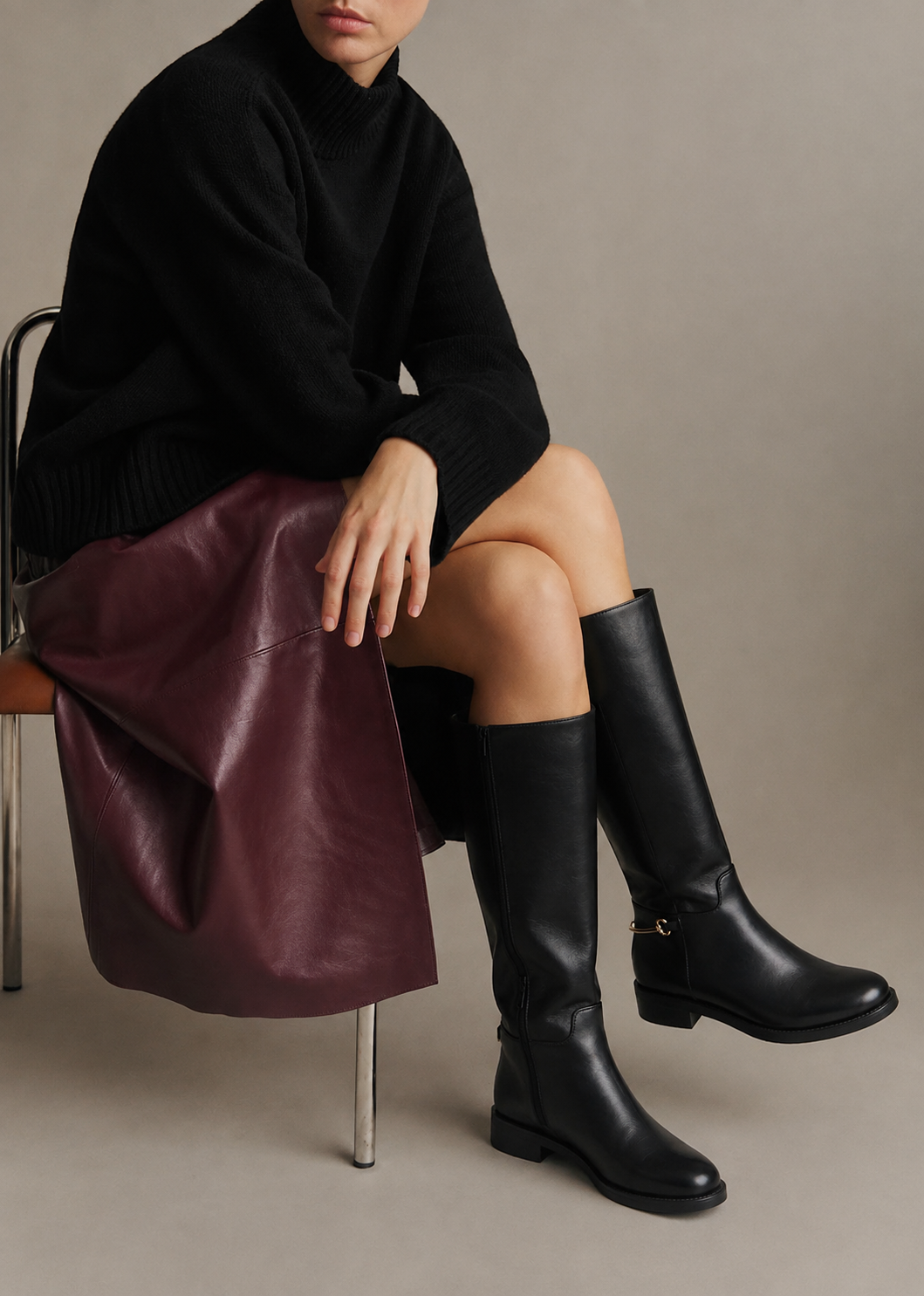 Black leather buckle knee high boots