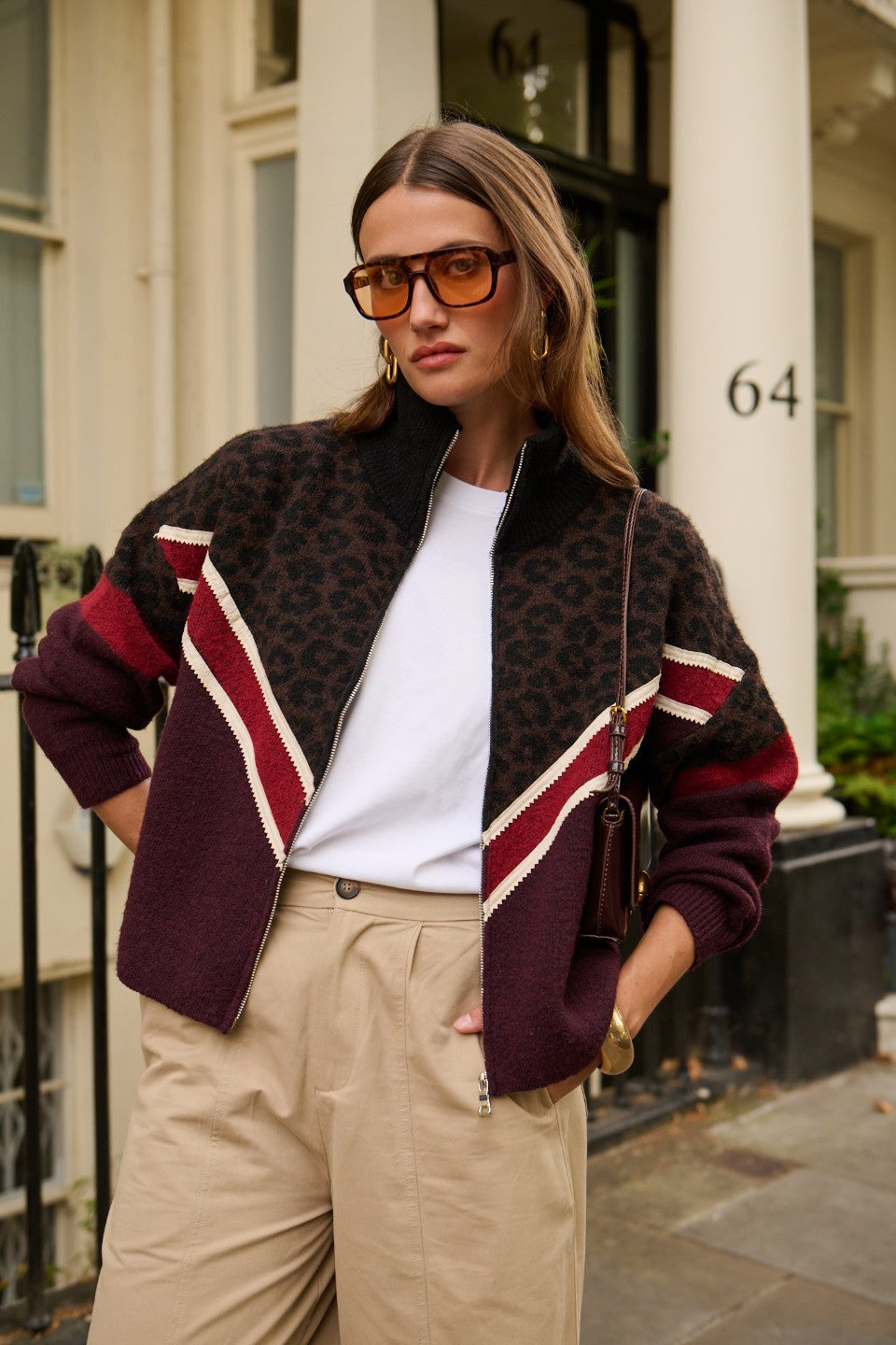 Sadie leopard and burgundy zip cardigan