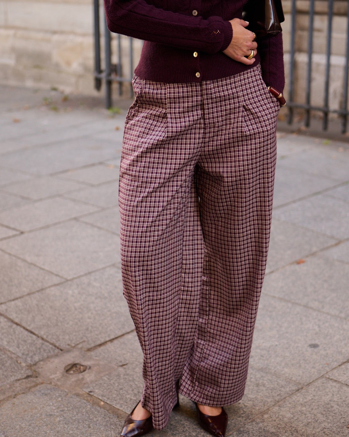Paula burgundy check print trousers